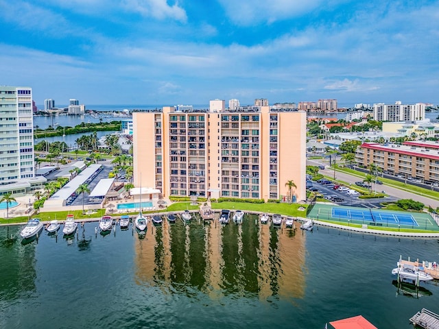 bird's eye view with a water view