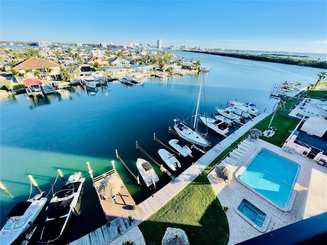 drone / aerial view featuring a water view