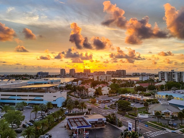 view of aerial view at dusk