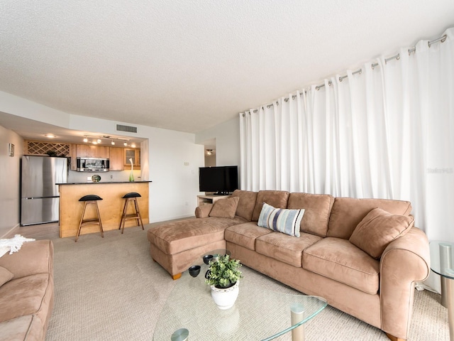 carpeted living room featuring a textured ceiling