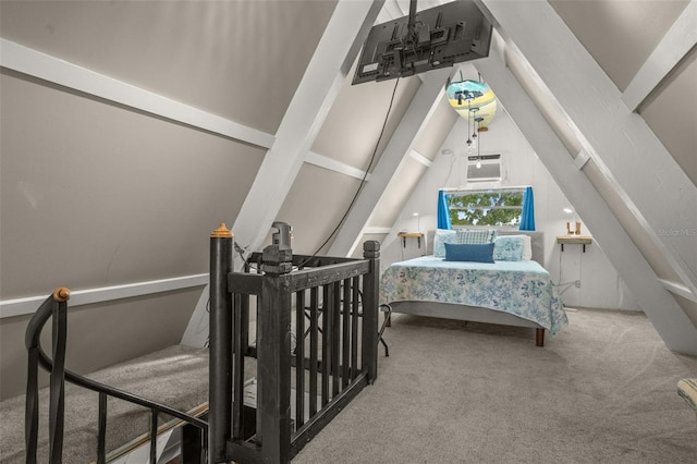 bedroom with lofted ceiling and carpet floors