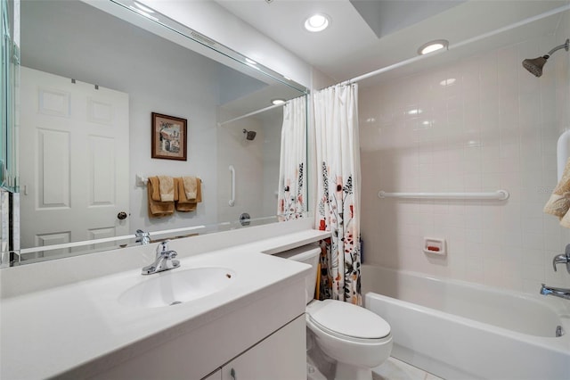 full bathroom featuring tile patterned flooring, vanity, toilet, and shower / tub combo with curtain