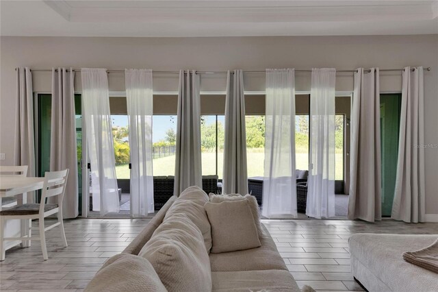 living room with a wealth of natural light and light hardwood / wood-style flooring