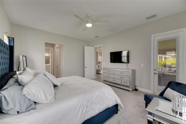 carpeted bedroom with access to exterior, ceiling fan, and connected bathroom