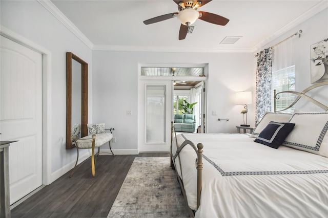 bedroom featuring ornamental molding, ceiling fan, and dark wood-type flooring