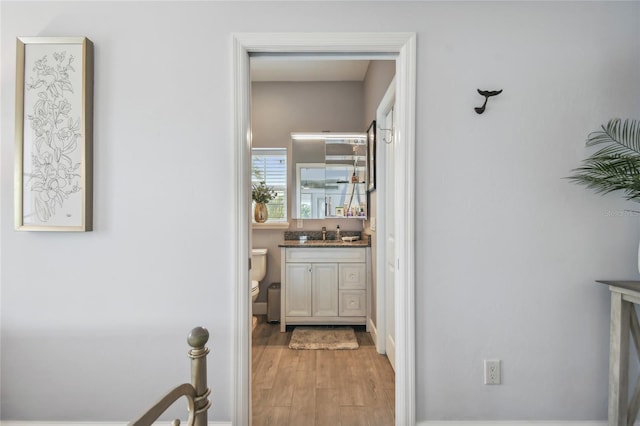 bathroom with vanity, toilet, and hardwood / wood-style flooring