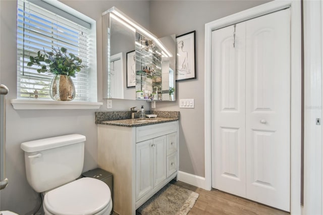 bathroom with vanity, toilet, and hardwood / wood-style flooring