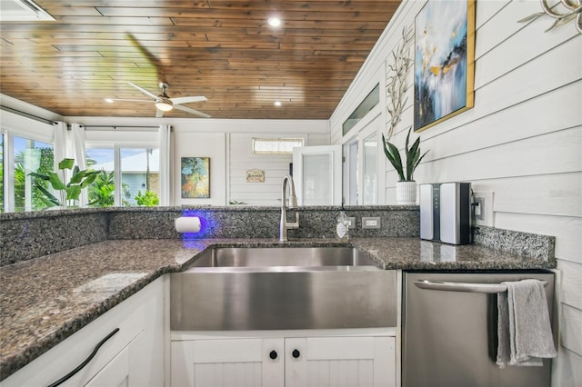 kitchen with wood ceiling, white cabinets, dishwasher, and ceiling fan