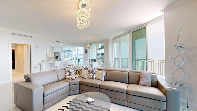 tiled living room with crown molding