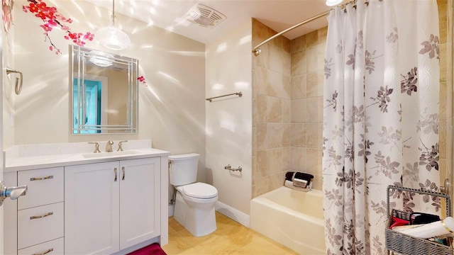 full bathroom with vanity, toilet, shower / bathtub combination with curtain, and tile patterned flooring