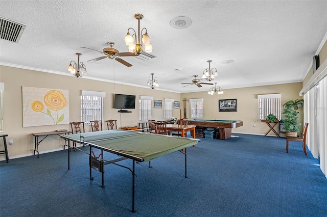 rec room featuring a wealth of natural light, ceiling fan, and pool table