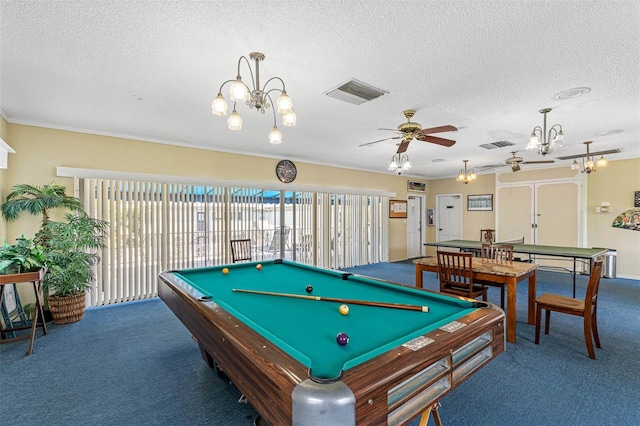 rec room with carpet, ornamental molding, ceiling fan with notable chandelier, a textured ceiling, and billiards