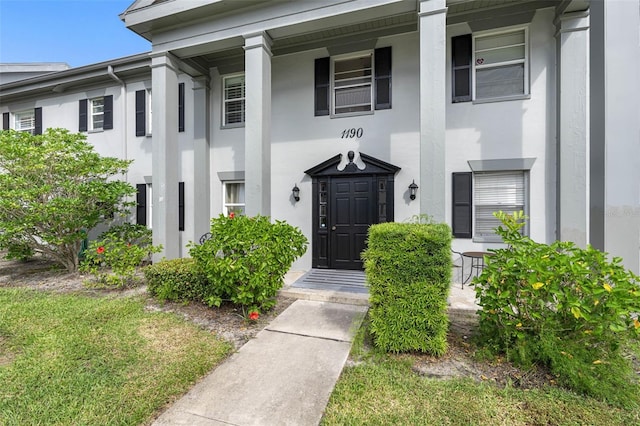 doorway to property featuring covered porch and stucco siding