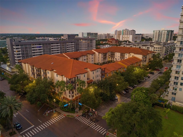 view of aerial view at dusk