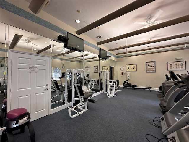 exercise room with ceiling fan