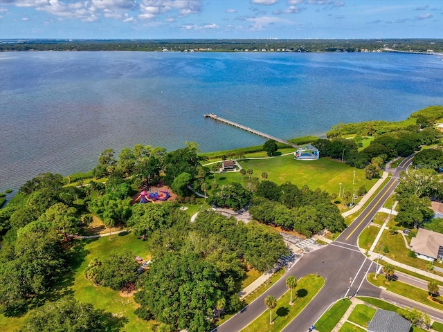 drone / aerial view with a water view