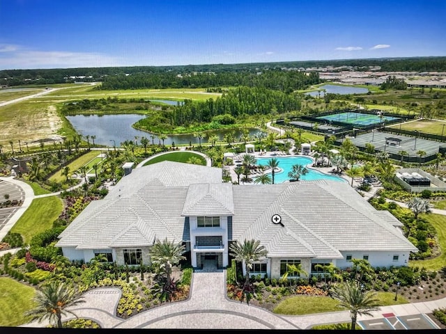 aerial view featuring a water view