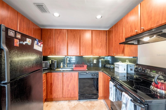 kitchen featuring black appliances, light tile patterned flooring, tasteful backsplash, and sink