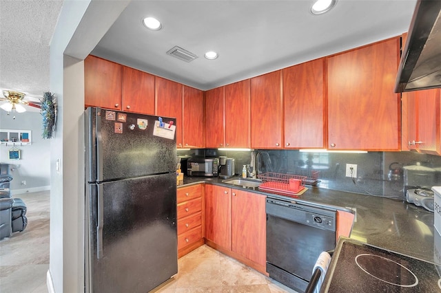 kitchen with tasteful backsplash, sink, black appliances, extractor fan, and ceiling fan