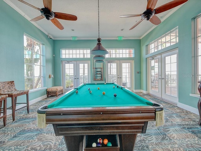 game room featuring billiards, ceiling fan, french doors, and crown molding