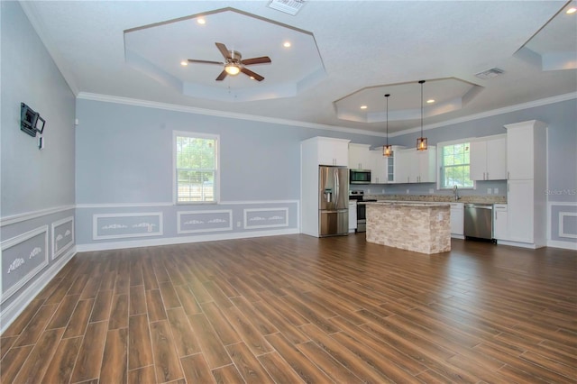 kitchen featuring appliances with stainless steel finishes, decorative light fixtures, white cabinets, a center island, and a tray ceiling