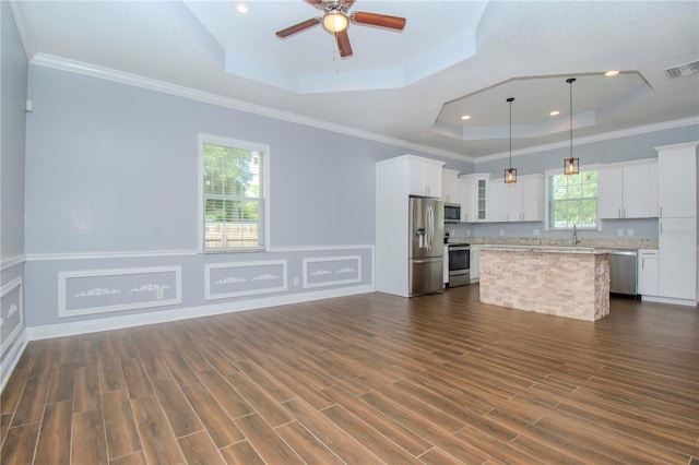 kitchen with stainless steel appliances, a raised ceiling, visible vents, and dark wood-type flooring