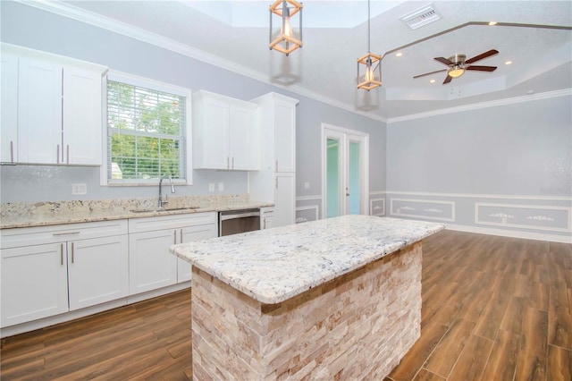 kitchen with a sink, dark wood finished floors, white cabinets, a raised ceiling, and crown molding