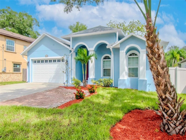 view of front of property featuring concrete driveway, an attached garage, fence, and stucco siding