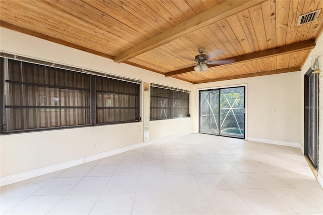 unfurnished room with wood ceiling, beam ceiling, ceiling fan, and light tile patterned flooring