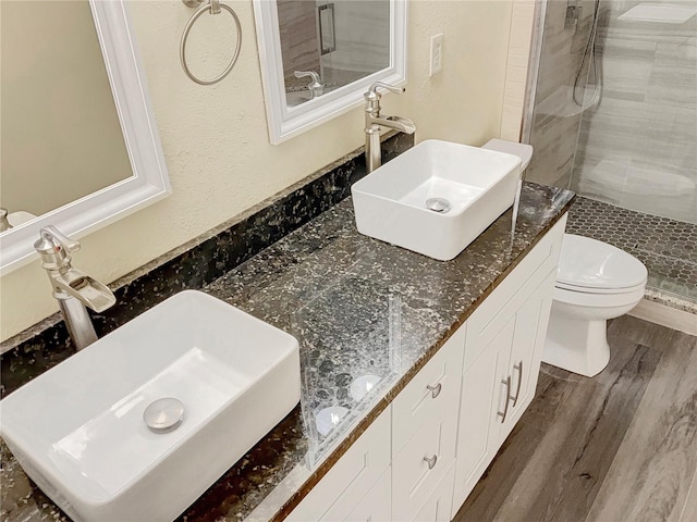 bathroom featuring vanity, toilet, wood-type flooring, and an enclosed shower