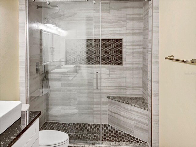 bathroom with an enclosed shower, toilet, and vanity