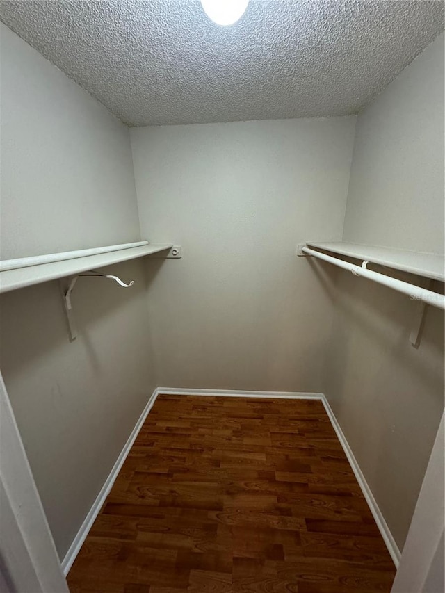 walk in closet with dark hardwood / wood-style floors