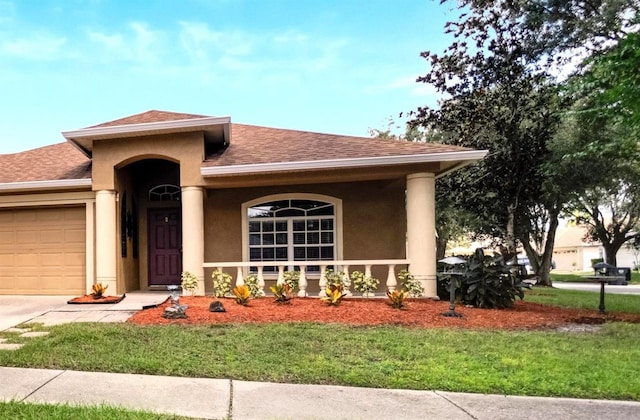 12739 Standbridge Dr, Riverview, FL 33579 - view of front of home with an attached garage, a shingled roof, a front yard, and stucco siding