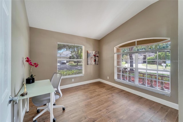 12739 Standbridge Dr, Riverview, FL 33579 - home office with lofted ceiling, baseboards, healthy amount of natural light, and wood finished floors