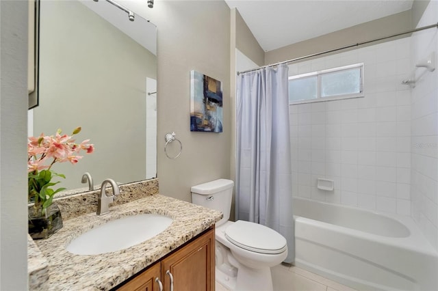 12739 Standbridge Dr, Riverview, FL 33579 - full bathroom featuring toilet, vanity, shower / tub combo with curtain, and tile patterned flooring
