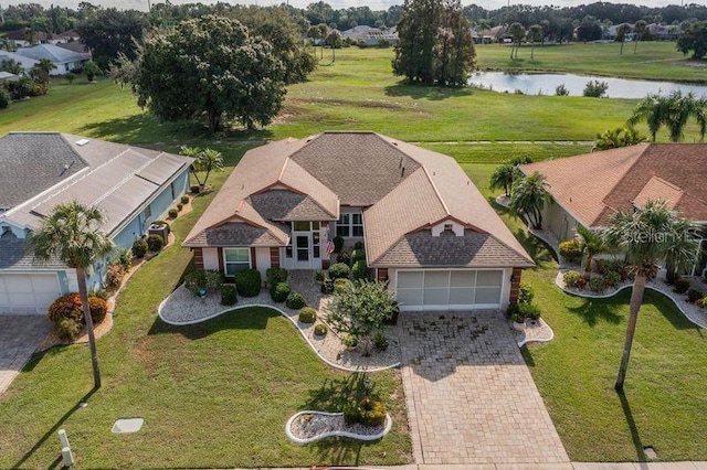 bird's eye view with a water view