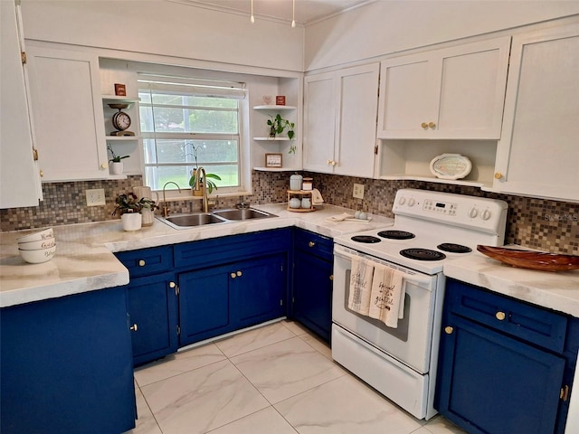 kitchen with blue cabinets, white cabinetry, white range with electric cooktop, and sink