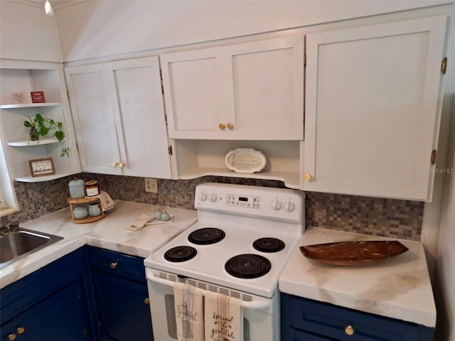 kitchen featuring blue cabinetry, white cabinetry, white range with electric stovetop, and backsplash