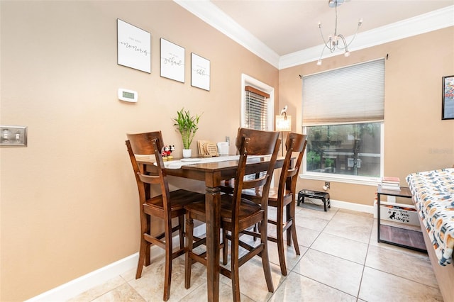 dining area featuring crown molding, an inviting chandelier, and light tile patterned floors