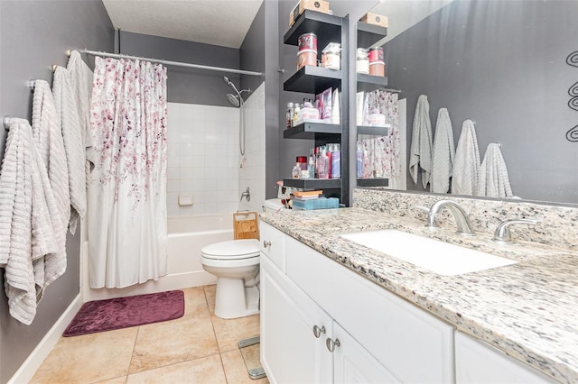 full bathroom featuring shower / bath combo, tile patterned floors, vanity, and toilet