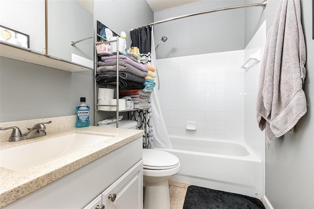 full bathroom with vanity, shower / tub combo, toilet, and tile patterned floors