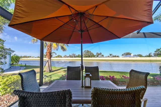 view of patio / terrace featuring a water view