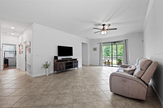 tiled living room featuring ornamental molding and ceiling fan