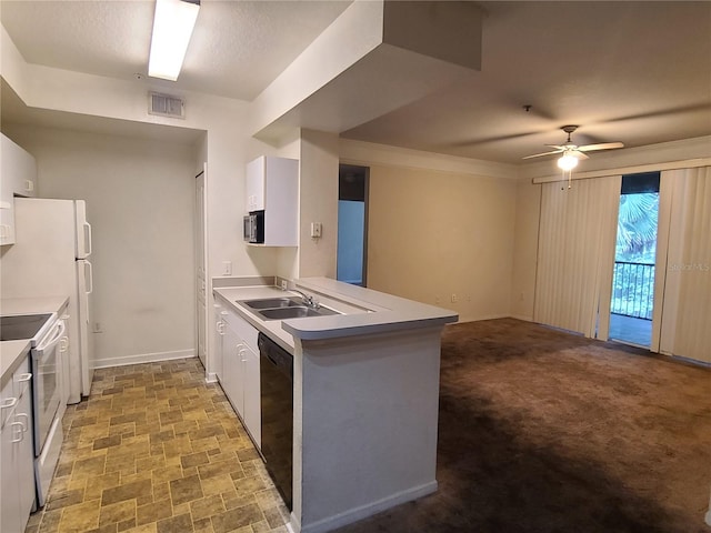 kitchen featuring white cabinetry, white range with electric stovetop, kitchen peninsula, and ceiling fan