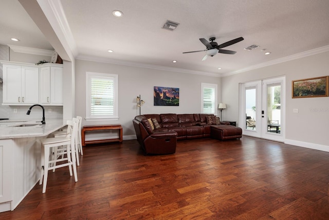 living room with ornamental molding, a healthy amount of sunlight, sink, and dark hardwood / wood-style flooring