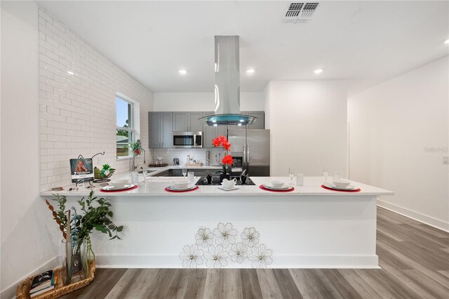 kitchen featuring gray cabinetry, kitchen peninsula, stainless steel appliances, island exhaust hood, and hardwood / wood-style floors