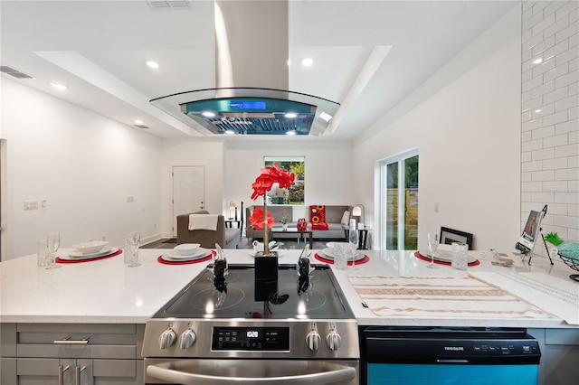 kitchen featuring island exhaust hood, a tray ceiling, gray cabinets, and stainless steel range