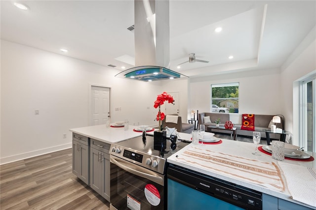 kitchen with ceiling fan, island range hood, hardwood / wood-style flooring, appliances with stainless steel finishes, and gray cabinets