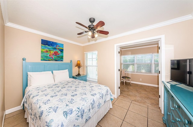 bedroom with crown molding, light tile patterned flooring, and ceiling fan