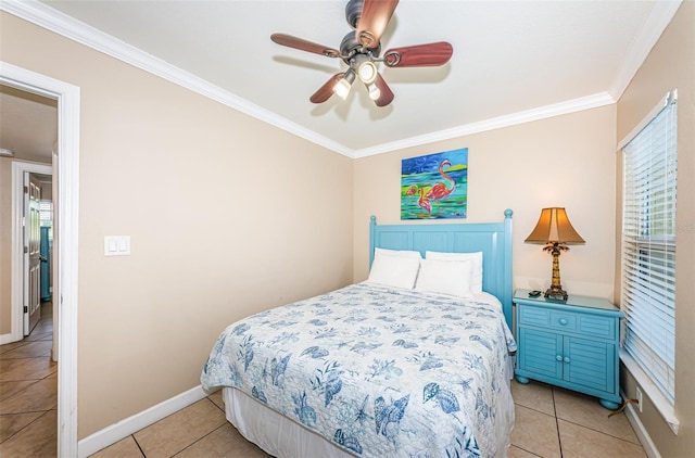 bedroom featuring ceiling fan, light tile patterned flooring, and crown molding